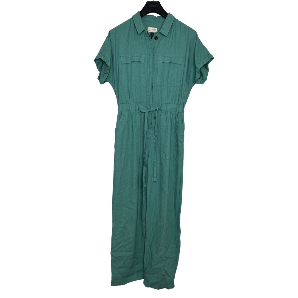 Womens Short Sleeve Linen Boilersuit 6 Teal Green Utility Coastal Boho Garden